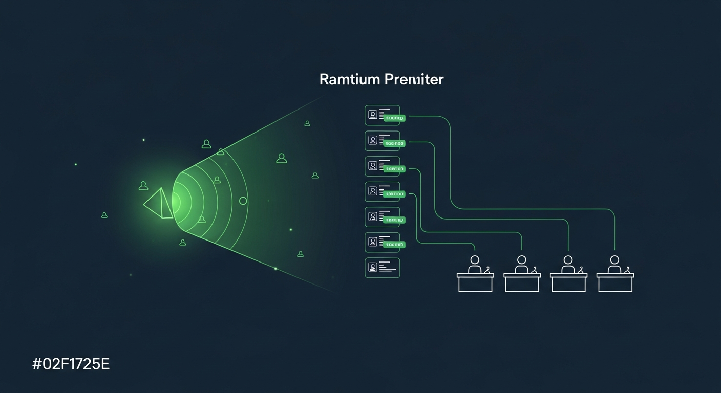Editorial illustration of a luminous green radar pulse resolving scattered account dots into a ranked queue of glowing verified contact cards routed toward a row of sales-rep desks on a deep navy background, suggesting B2B intent leads prioritized and handed to a sales team.