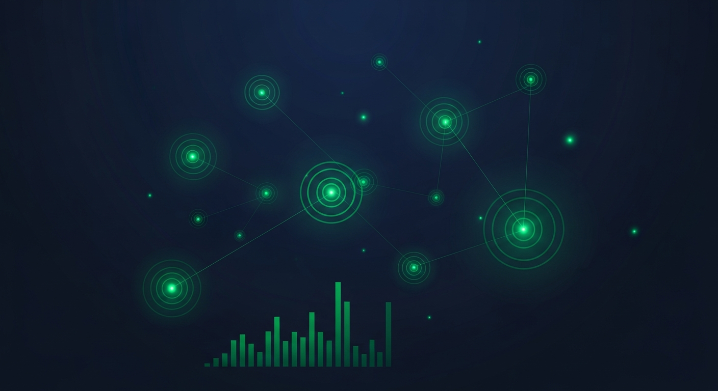 Editorial illustration of a constellation of glowing green signal beacons of varying brightness emitting concentric radar pulses on a deep navy background.
