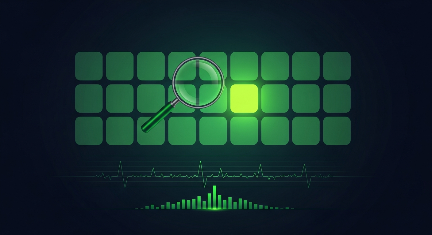 Editorial illustration of a magnifying glass over a grid of keyword tiles, several glowing bright green above rising waveforms, on a deep navy background.