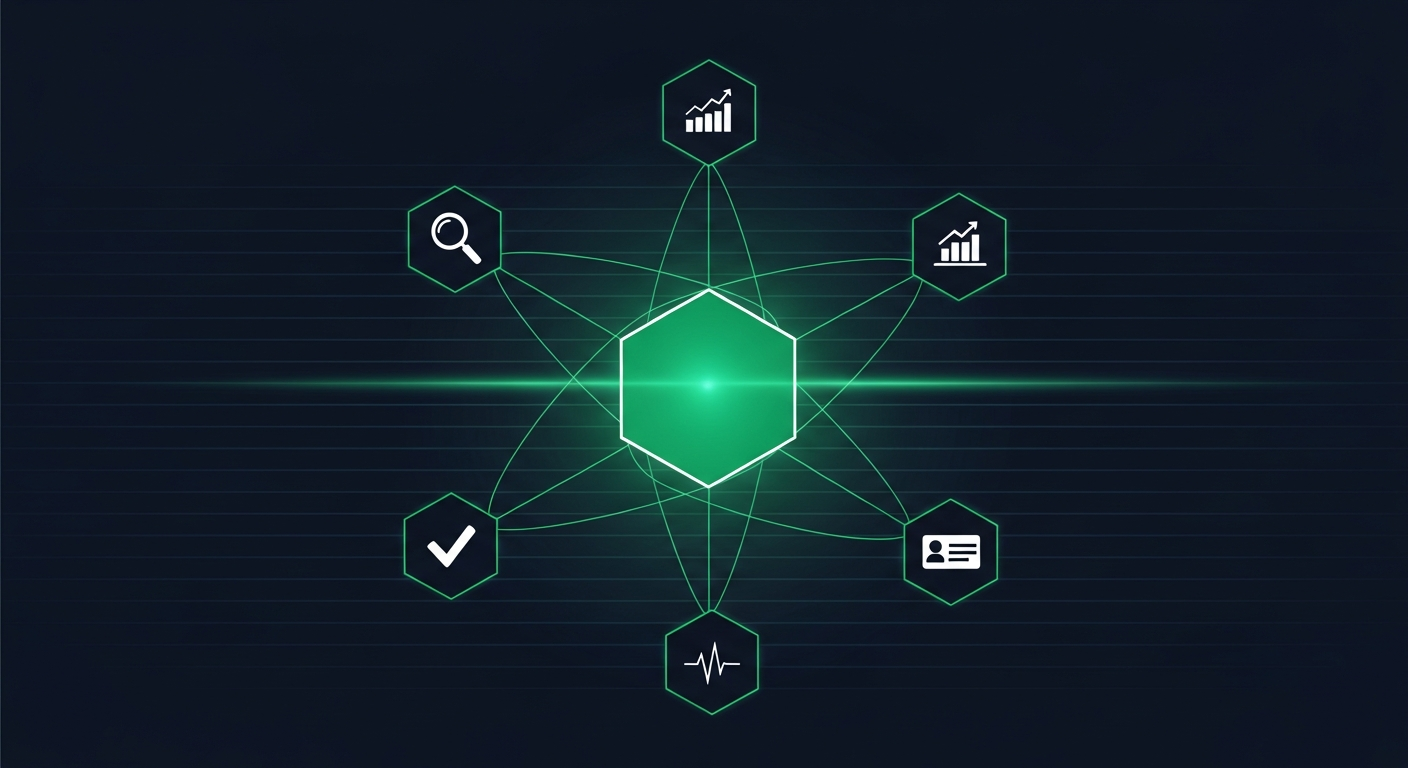 Editorial illustration of a glowing emerald hexagonal node connected by angular lines to smaller satellite nodes containing magnifier, chart, checkmark, waveform, and contact-card icons on a deep navy background.