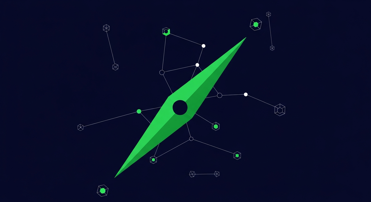 Editorial illustration of a green compass needle on a deep navy background with subtle constellation-like prospect markers, suggesting strategic B2B prospecting.