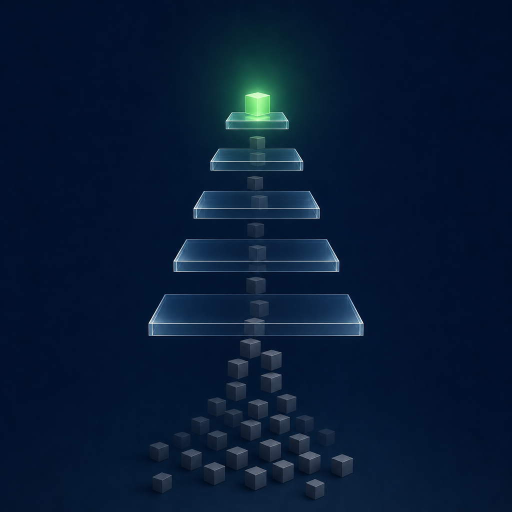 Five stacked glass rungs narrowing upward, with many grey cubes stopping below and a single glowing green cube on the top rung.