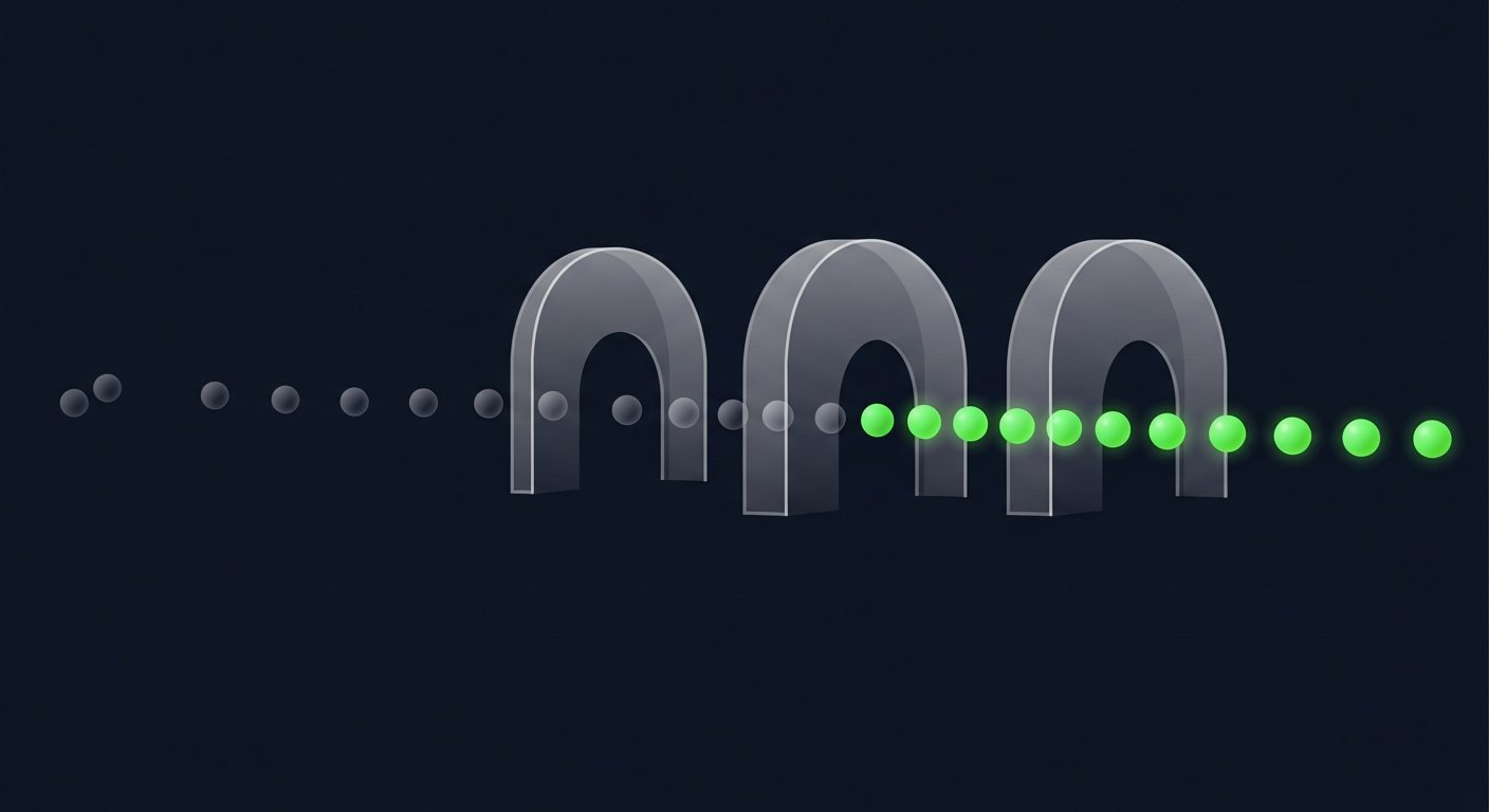 Editorial vector illustration on a deep navy background: a stream of small glowing orbs flows through three translucent arched gates; orbs that clear the final gate turn luminous green and settle into an orderly row, while deflected orbs drift downward as dim slate spheres — leads passing or failing qualification.