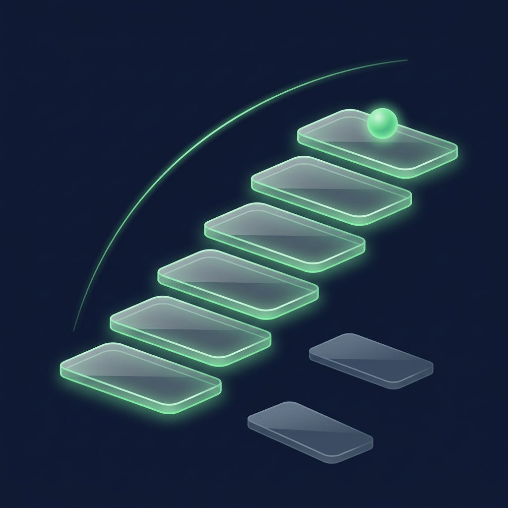 Six flat glass tiles rise in a diagonal staircase with a small green sphere on the top tile, while two dimmer tiles drift away below.