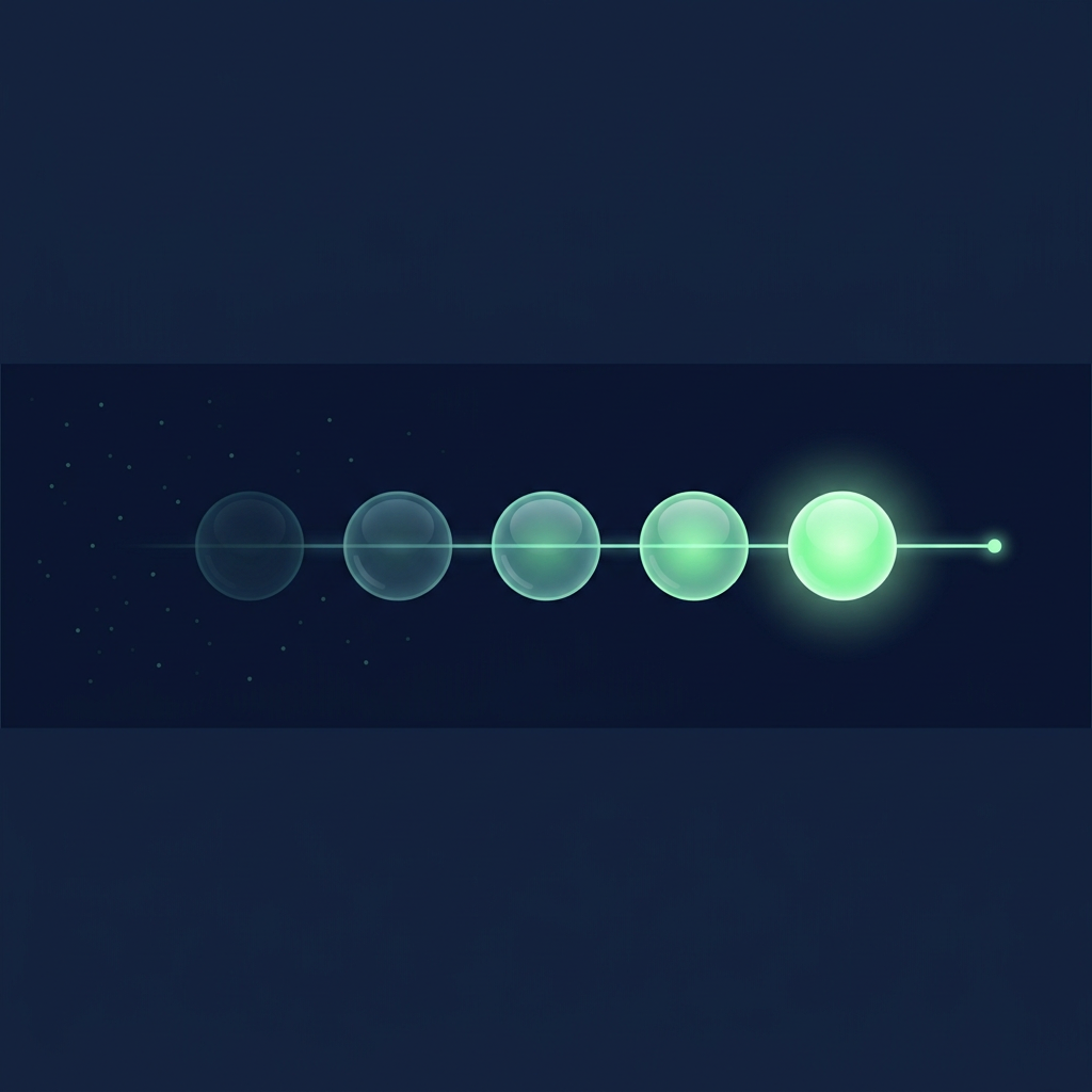 Five glass beads on a thin line that brighten from dim on the left to a bright green sphere on the right, with the line ending in a small dot.