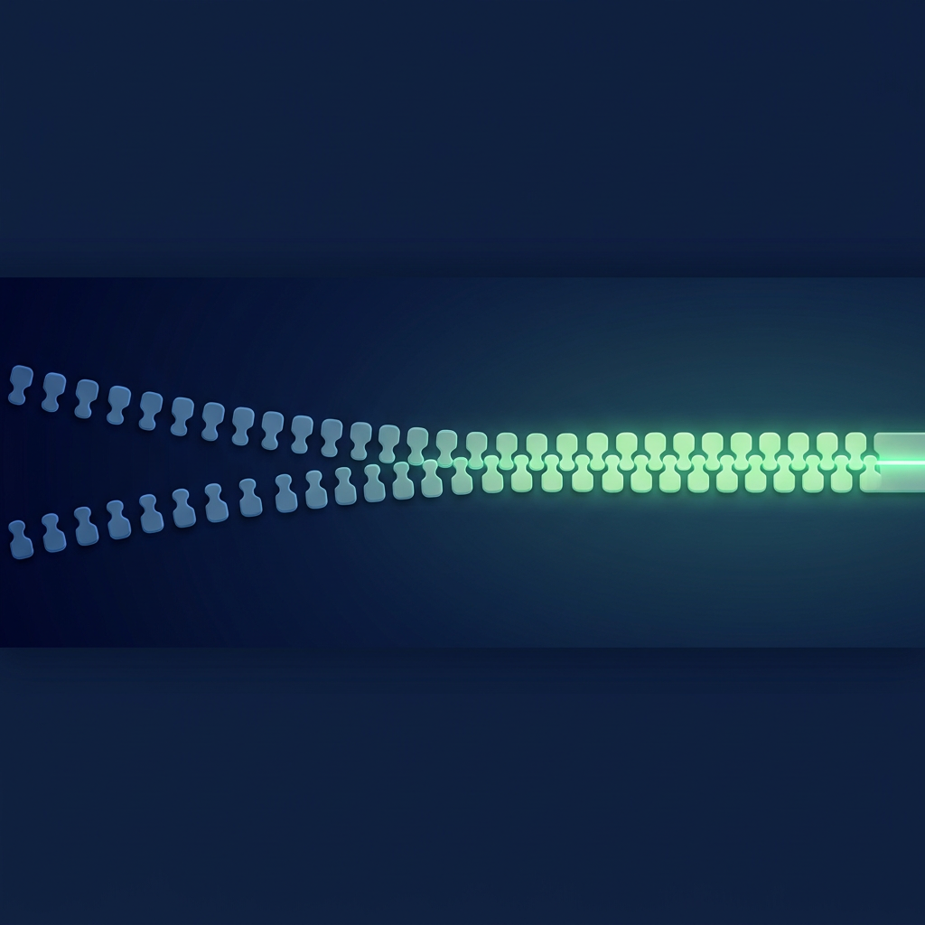 Two rows of teeth, blue on the left and green on the right, interlocking into one glowing seam like a zipper closing.