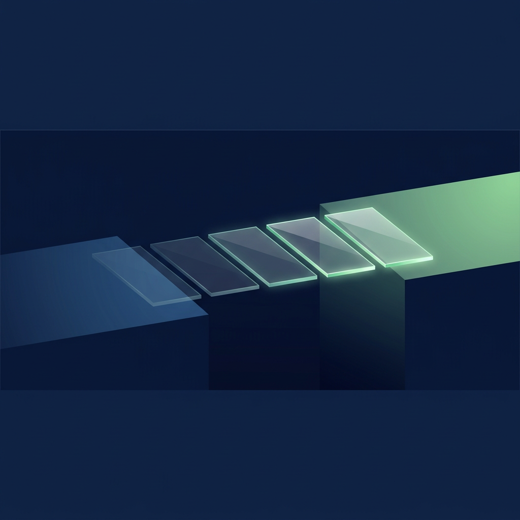 Five glass plates form a bridge from a dim blue platform to a lit green platform, growing clearer toward the green side.