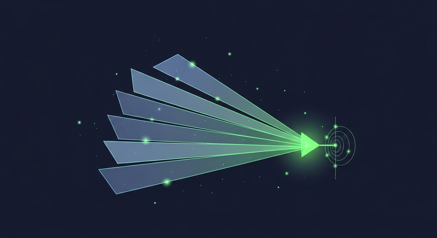 Editorial vector illustration on a deep navy background of five translucent data layers stacked like glowing panes of glass, converging through a luminous green prism into a single bright beam that points toward a small target ring — suggesting many customer data sources being focused into one prioritized prospecting action.