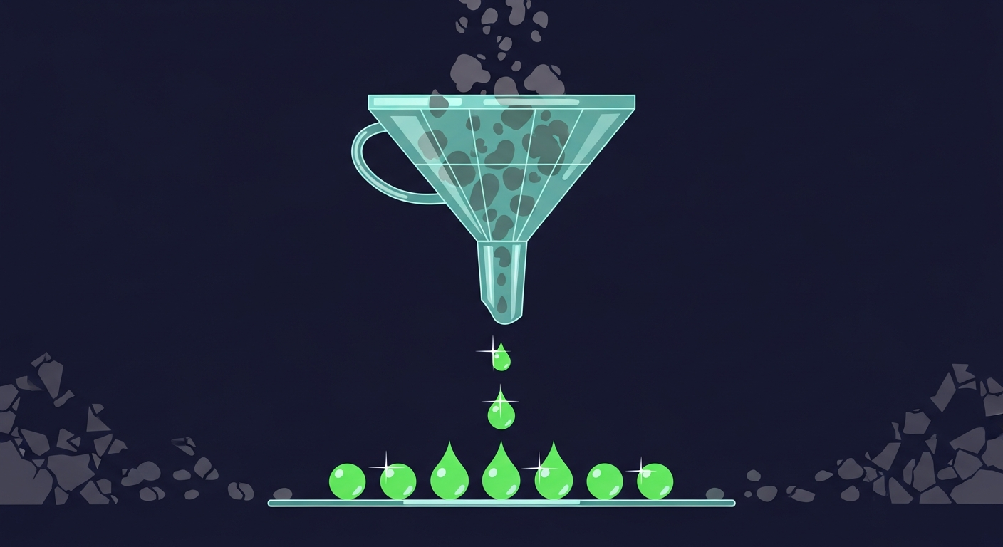 Editorial vector illustration on a deep navy background: murky gray droplets pour into a faceted glass funnel filter, and a neat row of luminous green droplets emerges beneath it onto a glass tray — raw prospect records refined into clean, verified data.