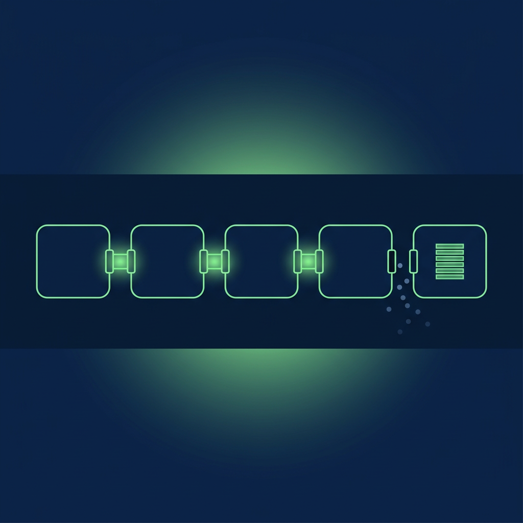 Text-free editorial vector illustration on a deep navy background, composition held inside a horizontal band across the middle of the frame with empty navy margins above and below: five rounded rectangular blocks outlined in luminous spring green sit in a row from left to right, joined by four short pipe segments; the first three pipe joints are drawn as tight, closed couplings glowing green, while the fourth joint between the last two blocks is drawn slightly pulled apart with a thin gap and a few small slate-blue dots escaping from it; inside the last block a small stack of thin green horizontal bars like a ledger; soft green glow, minimal flat shapes, no letters, numbers, labels or logos.