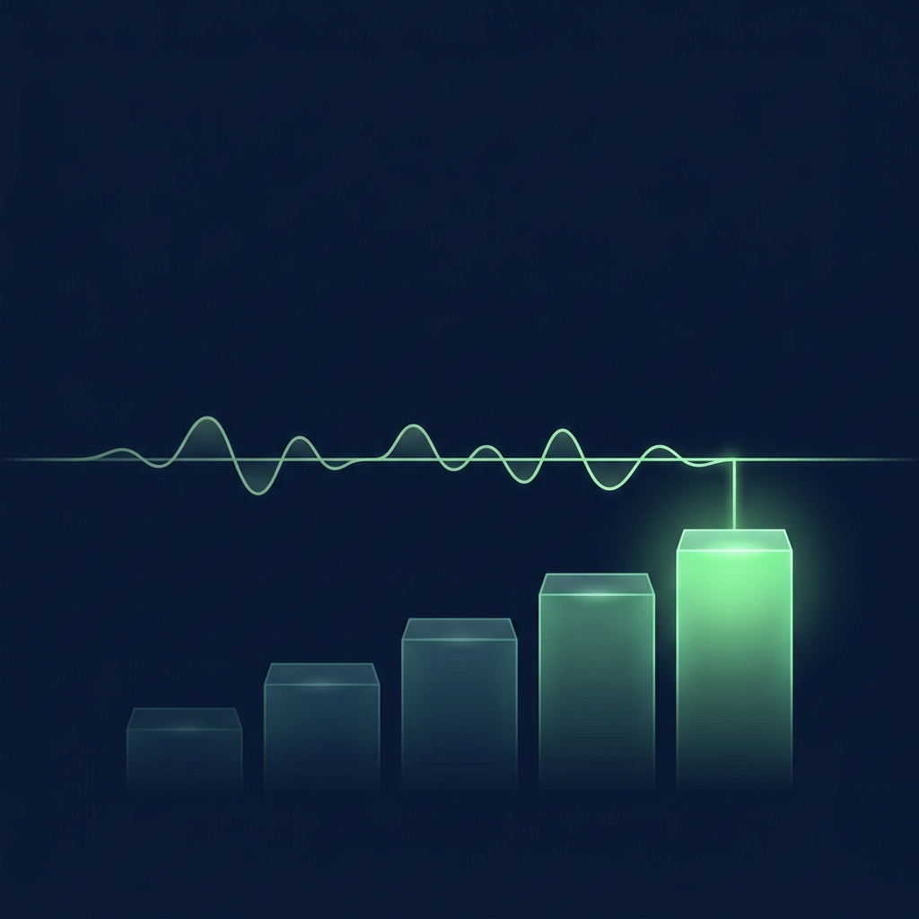 A smooth audio waveform runs across a navy field above five rising glass steps; the lower steps are dim and the highest step glows green, joined to the waveform by a thin green line.