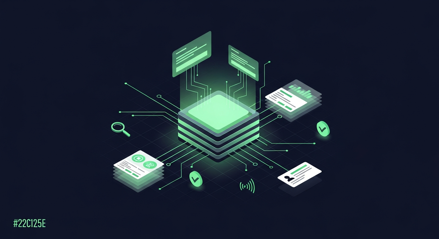 Editorial isometric illustration of a glowing emerald hexagonal software engine core drawing in stacked translucent data panels and dashboard cards via thin angular circuit lines, with magnifier, checkmark, signal-waveform, and contact-card icons orbiting it on a deep navy background.