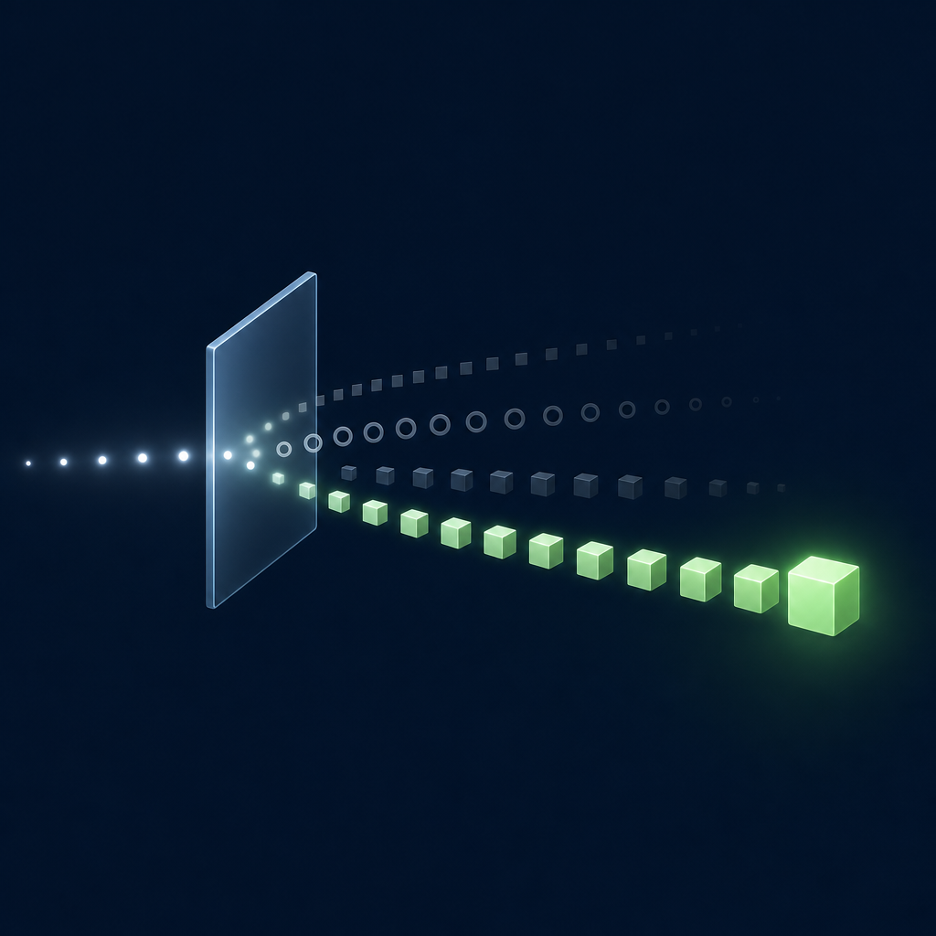 A glass panel splits a stream of dots into four lanes of squares, rings and cubes; only the lane of green cubes reaches a glowing cube.