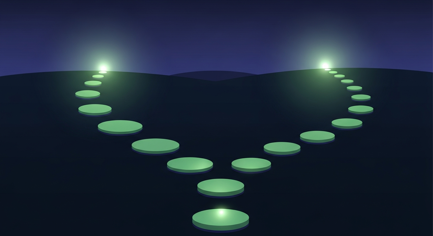 Editorial vector illustration on a deep navy background: a luminous path splits at a fork into two glowing routes — a short route with four large stepping stones and a longer winding route with seven smaller stones — both converging on one radiant orb on the horizon, two qualification frameworks reaching the same decision.