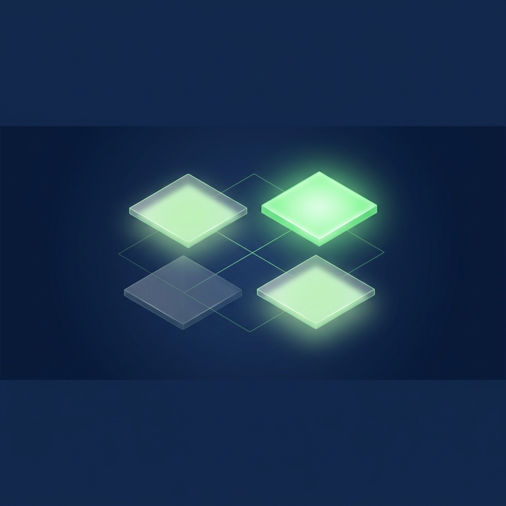 Four glass tiles in a two-by-two grid, the lower-left faint, two glowing softly and the upper-right solid and glowing green.