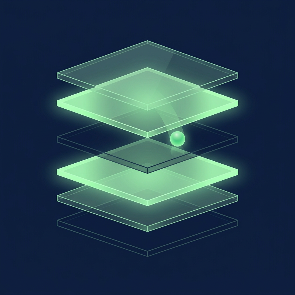 Six thin glass layers stacked above each other, four glowing green and two empty outlines, with a small green sphere resting on the first empty layer.