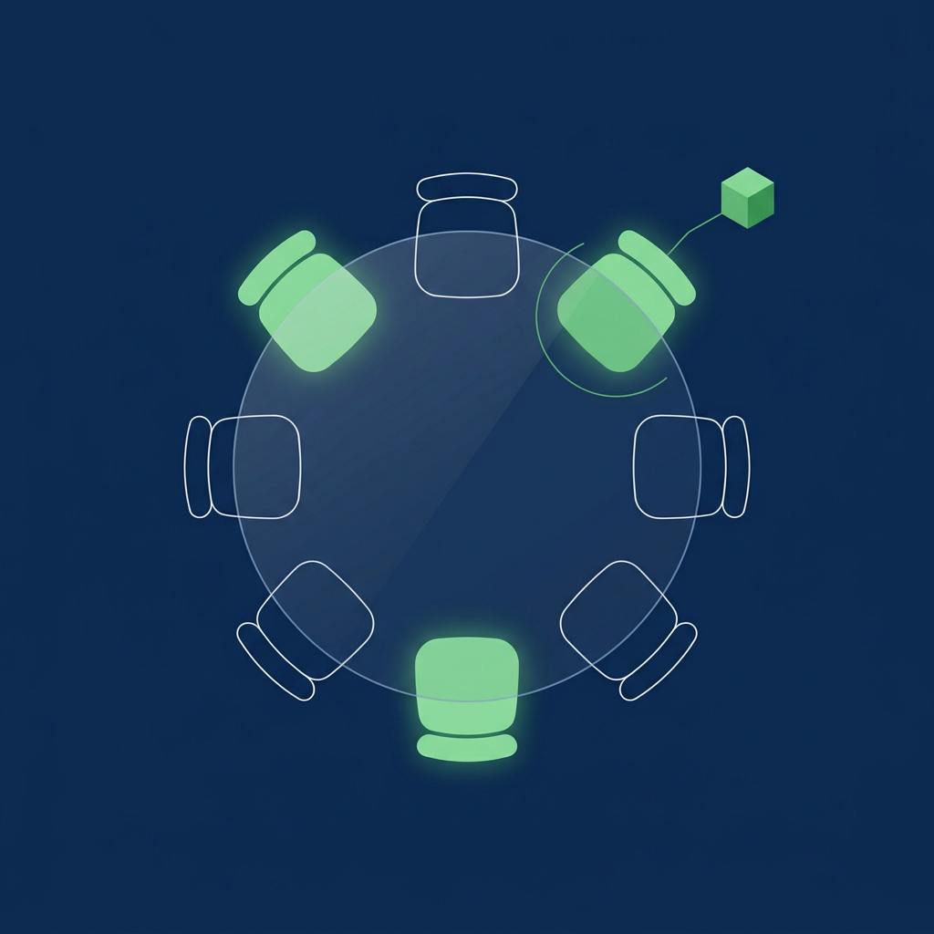 A round glass table seen from above with seven chairs, three lit green and four empty outlines, and a small green cube joined to one lit chair.