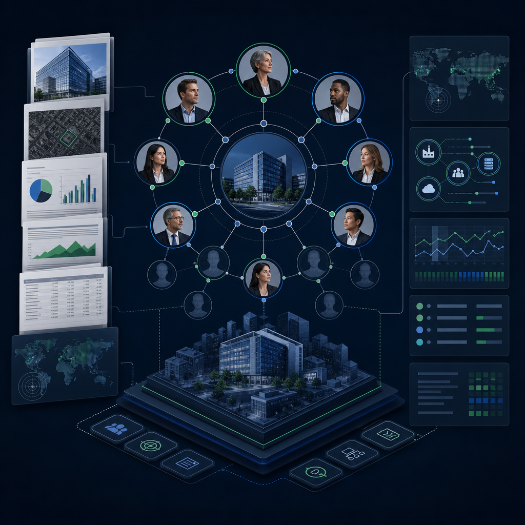 Abstract enterprise account research assembling public sources, business signals, and buying committee roles into an evidence-backed dossier.