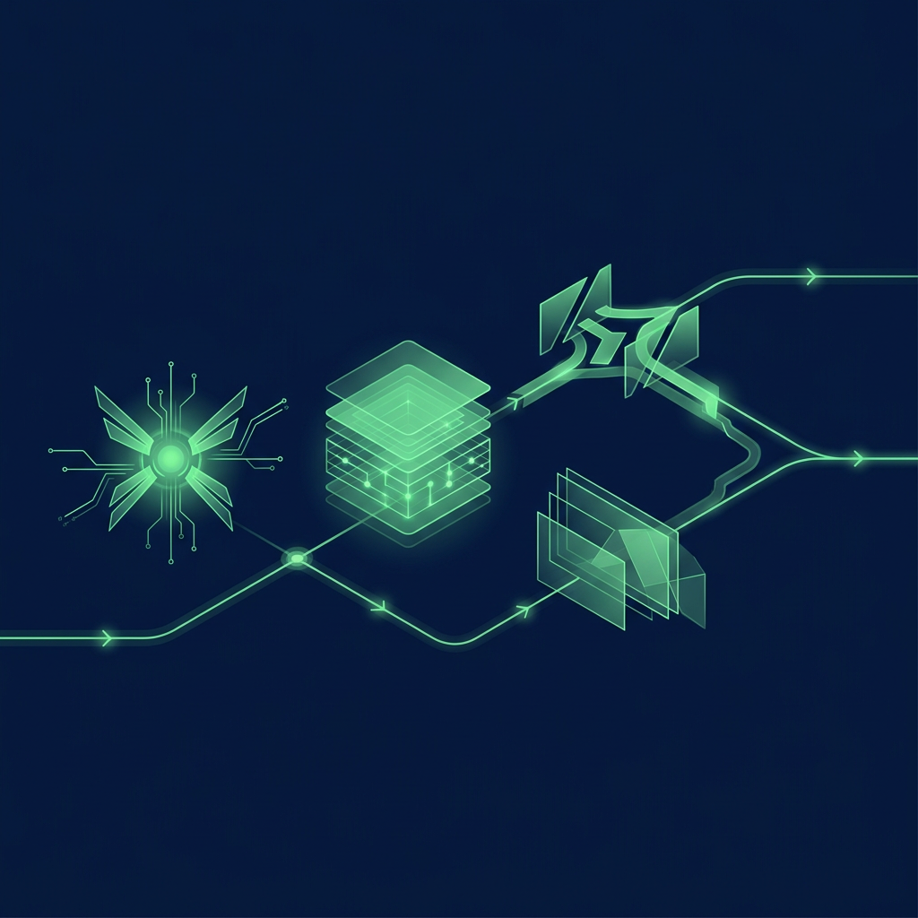 Text-free widescreen editorial vector illustration on a deep navy background showing an abstract luminous green technical copilot beside a layered knowledge vault, branching approval gates, a product-demo window represented only by geometric shapes, and a clean pipeline path; minimal polished vector style, no letters, numbers, logos, labels, captions, watermarks, or interface text.