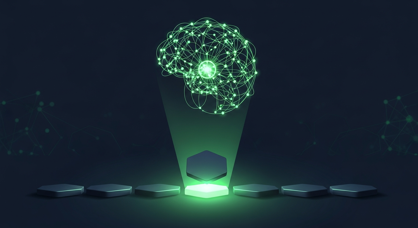 Editorial illustration of a glowing neural sphere hovering above a row of dim hexagonal tiles on a deep navy background, projecting a luminous green beam that lifts and brightens one tile above the rest, suggesting an AI selecting the best tool from a lineup.
