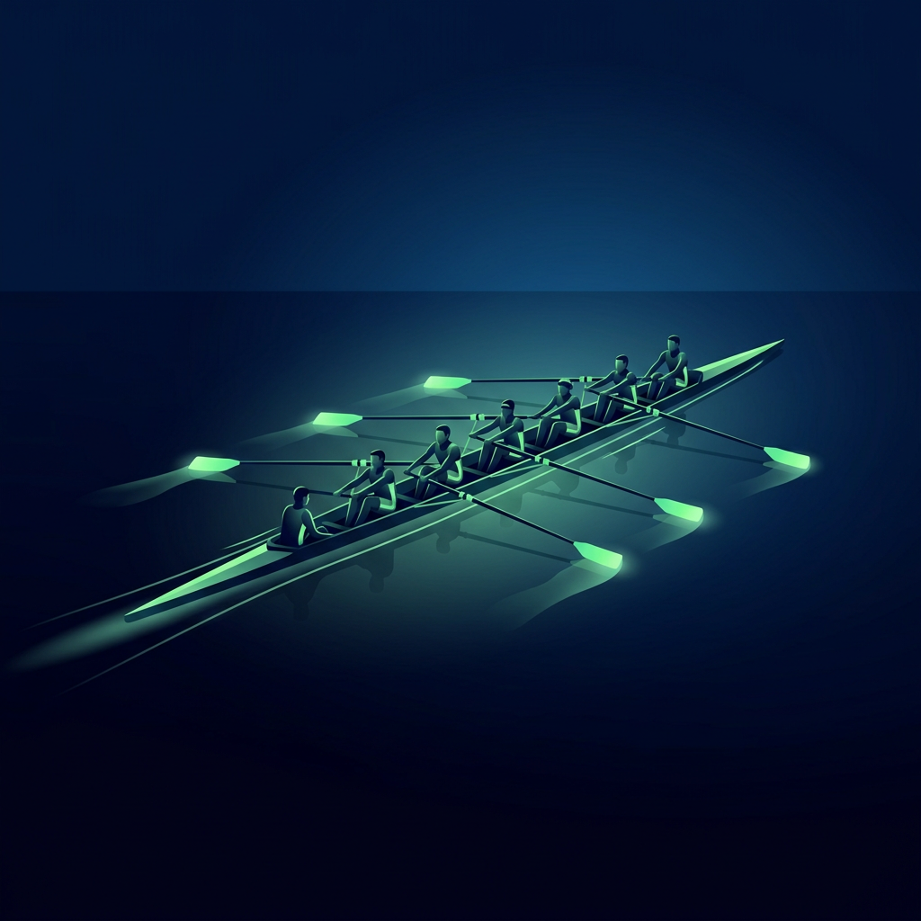 Editorial vector illustration on a deep navy background: a sleek rowing shell glides across dark glassy water, its luminous green oars in perfectly synchronized motion leaving a soft glowing wake — an AI-equipped sales team moving in efficient unison.