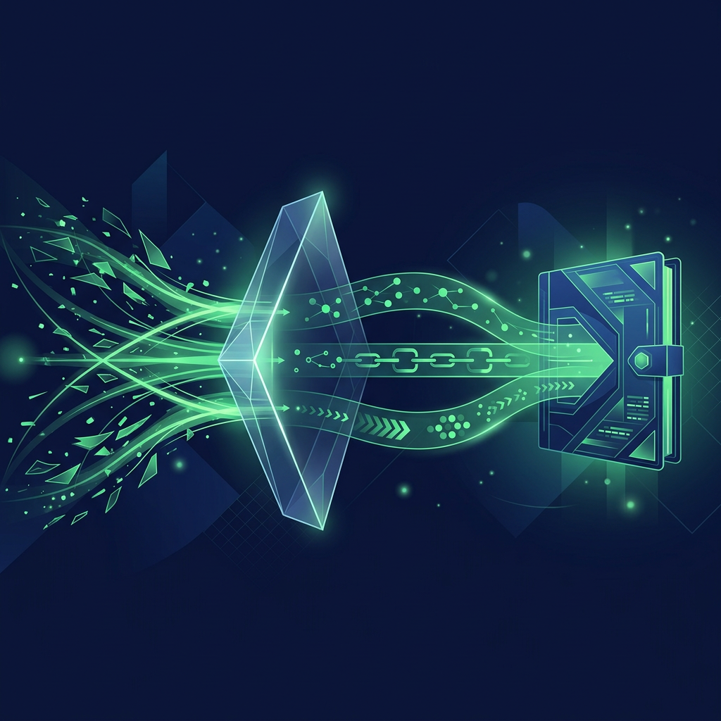 Text-free editorial vector illustration on a deep navy background showing multiple glowing green answer streams passing through a transparent visibility lens, separating mentions, citations and recommendations before flowing into a verified sales dossier; minimal premium geometric style, subtle green illumination, no letters, numbers, logos, labels, rankings or interface text.