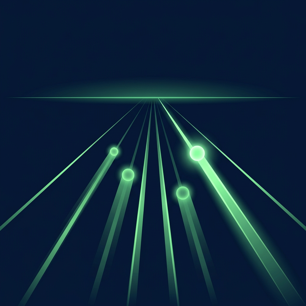 Editorial illustration of four parallel glowing tracks racing toward the horizon on a deep navy background, each carrying a luminous orb, with one track surging visibly brighter and further ahead, suggesting alternatives being compared in motion on the same course.