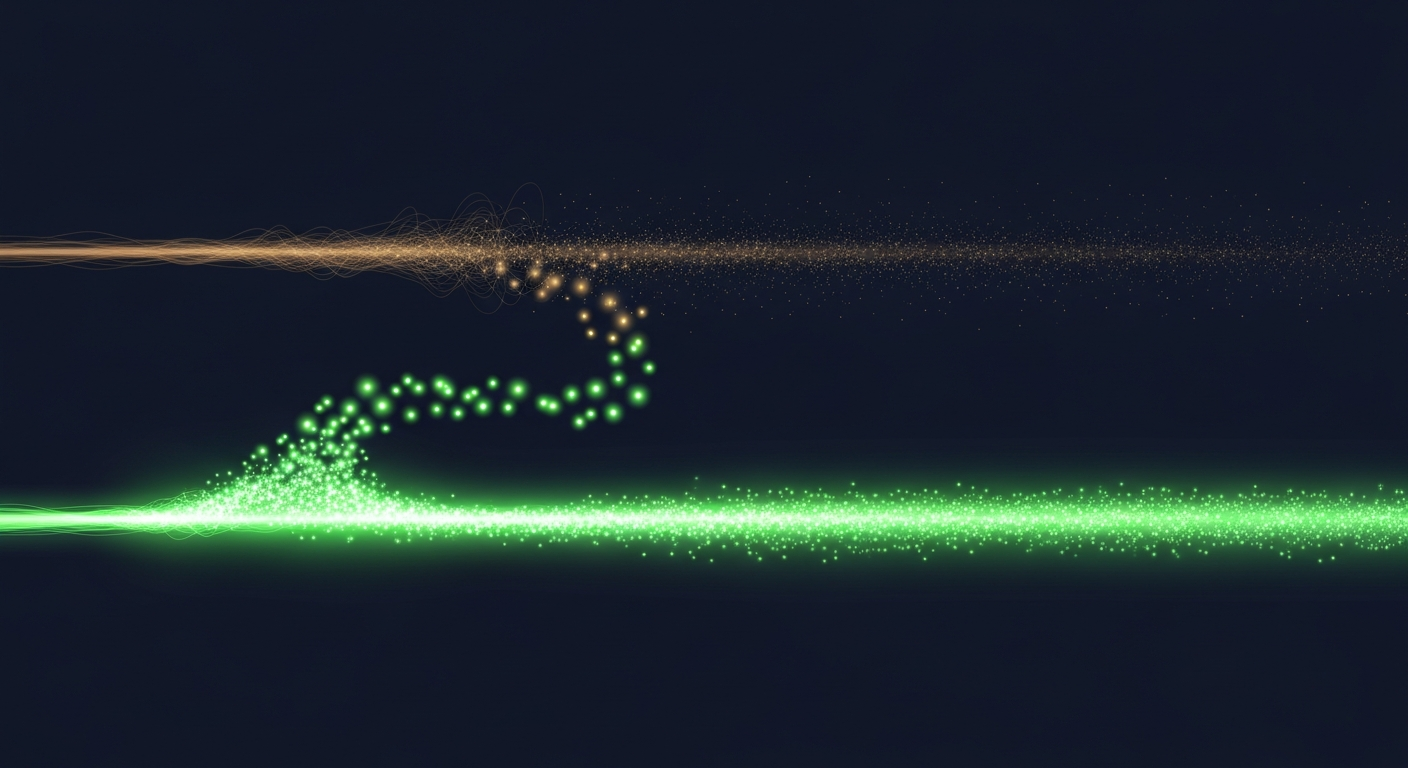 Editorial illustration of two horizontal data streams on a deep navy background: an upper amber-tinted stream dimming and fraying into scattered dust, while a cascade of glowing orbs arcs smoothly down onto a lower vivid green stream that grows brighter and denser as it flows forward, suggesting a safe parallel-run handoff from an old platform to a new one.