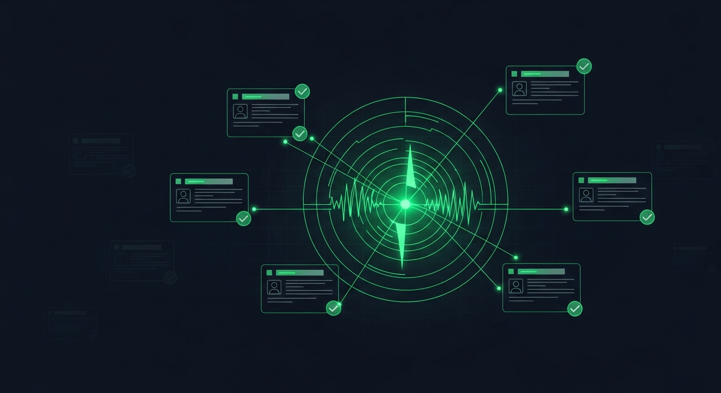 Editorial illustration of a green radar scope on a dark navy background surrounded by verified contact record cards linked by glowing green lines, with faded stale records drifting to the edges.