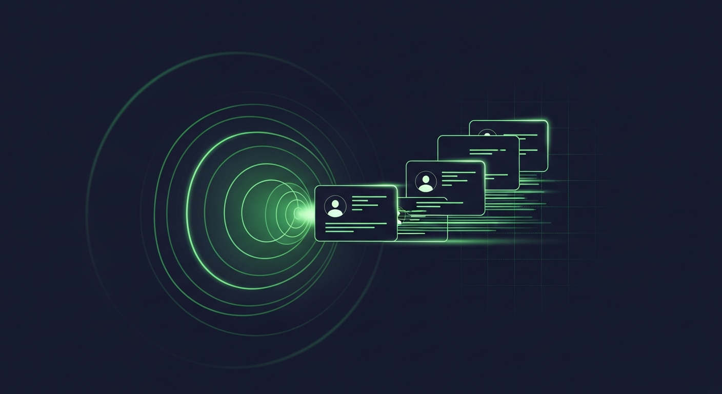 Editorial illustration of luminous green radar pulse rings converging on the right into a neat ascending stack of glowing contact cards on a deep navy background, suggesting buying signals being turned into a ready-to-work shortlist of B2B leads.