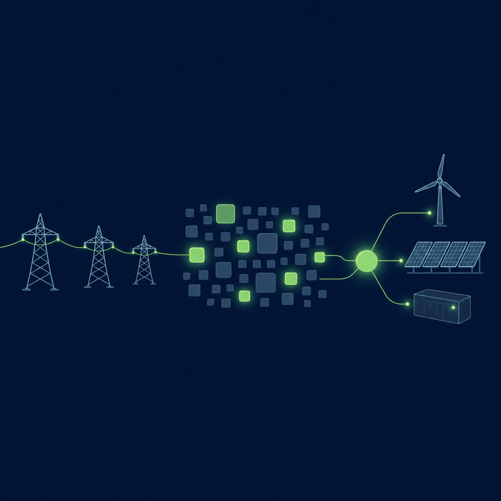 Text-free editorial vector illustration on a deep navy background, composition held in a horizontal band across the middle: three lattice transmission towers on the left carry one thin luminous spring-green line into a loose grid of small slate-blue rounded squares, a handful glowing green; the line continues to a single bright green circle with a soft halo, joined by thin green lines to outlined shapes of a wind turbine, a row of tilted solar panels and a battery block on the right; no letters, numbers, labels or logos.