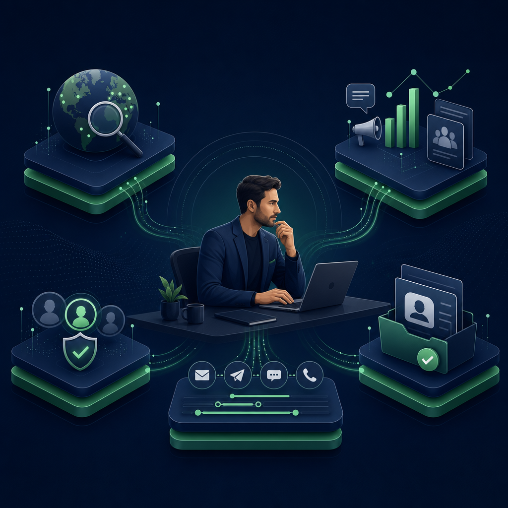 Abstract B2B sales prospecting tool stack connecting account discovery, verification, signals, engagement, and CRM handoff.