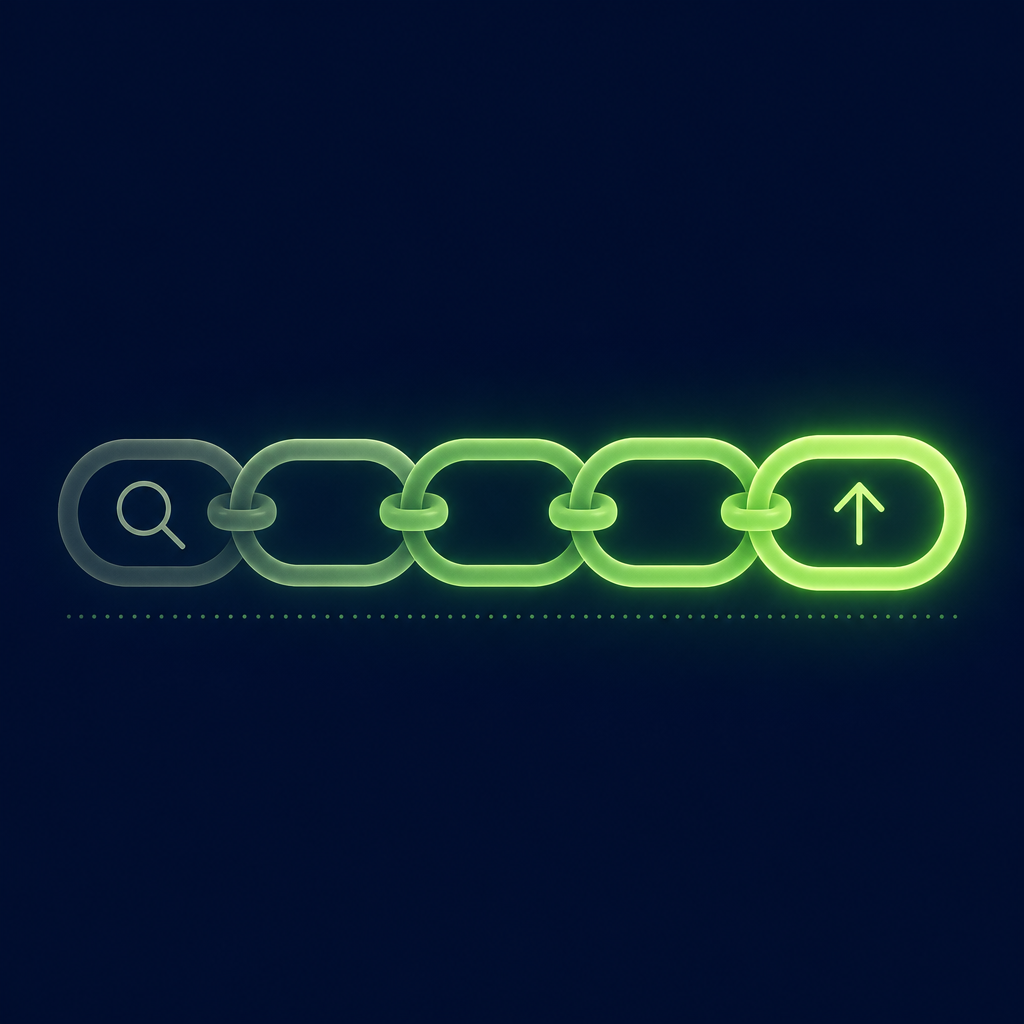 Text-free editorial vector illustration on a deep navy background: a single horizontal chain of five plain interlocking oval links, the leftmost dim and pale and each link to the right drawn thicker and glowing a brighter luminous green so the chain gains strength from left to right; a small plain magnifying-lens shape floats inside the leftmost link and a small plain upward arrow inside the rightmost link, with a faint dotted green baseline beneath; minimal, subtle glow, no letters, numbers, labels or logos.