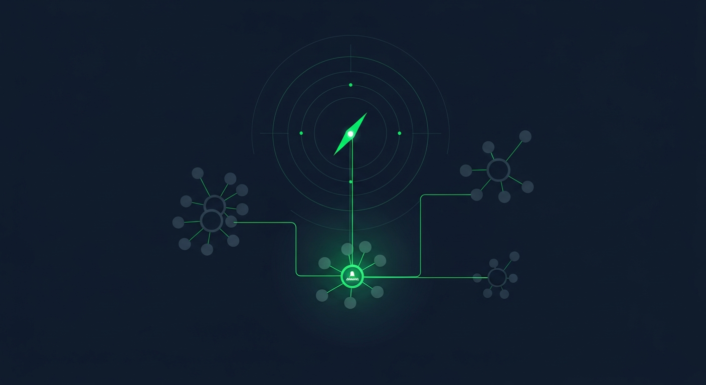 Editorial illustration of a glowing green compass needle selecting one highlighted account node from a small cluster on a deep navy background, suggesting a small team choosing the right alternative.