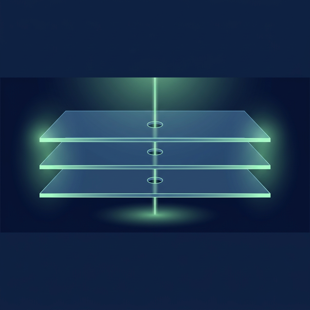 Three stacked glass slabs, each with a small circular opening, with one green beam of light passing straight through all three.