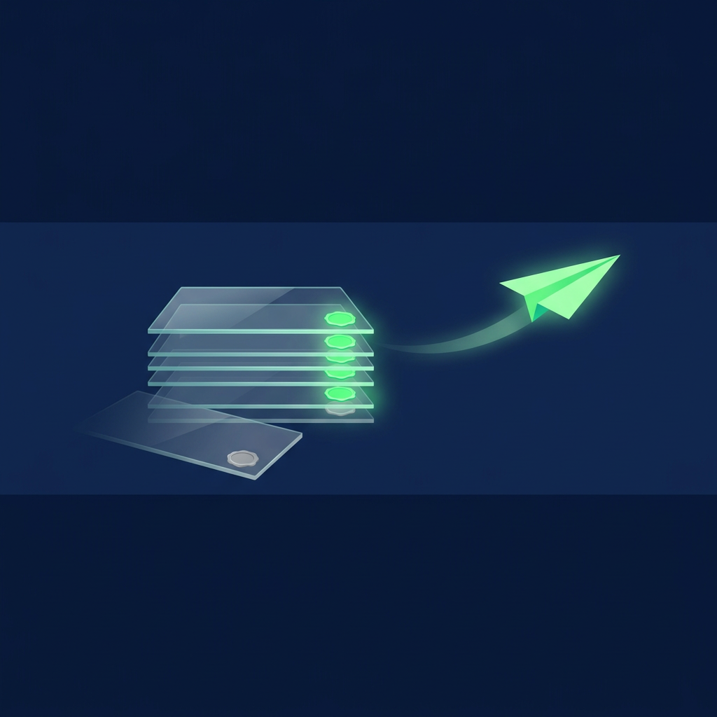 A green paper plane lifts off a stack of glass slabs, each marked with a glowing green seal, while one slab with a grey seal slides away.