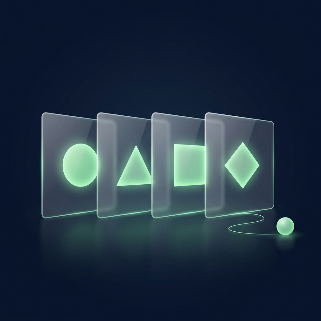 Four glass cards in a row, each with a different plain shape, the last one linked by a green line to a small green sphere.