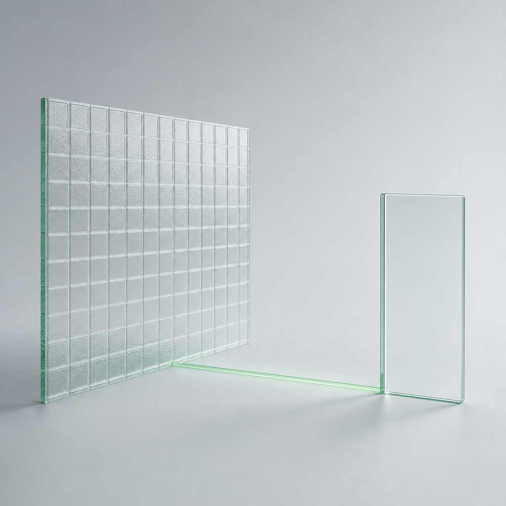 A wide pane of frosted glass made of many small squares on the left and a single clear glass card on the right, joined by a thin green line.