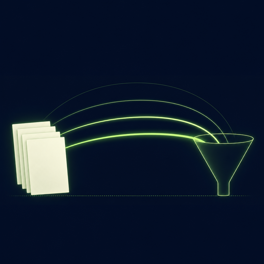 Text-free editorial vector illustration on a deep navy background: on the left a loose stack of four plain pale rectangular cards suggesting press clippings, on the right a single upright plain funnel shape glowing luminous green, and between them four thin arched bridge lines spanning a dark gap, the top arch dim and each lower arch brighter and thicker until the lowest glows bright green and lands inside the funnel; a faint dotted green baseline runs beneath; minimal, subtle glow, no letters, numbers, labels or logos.