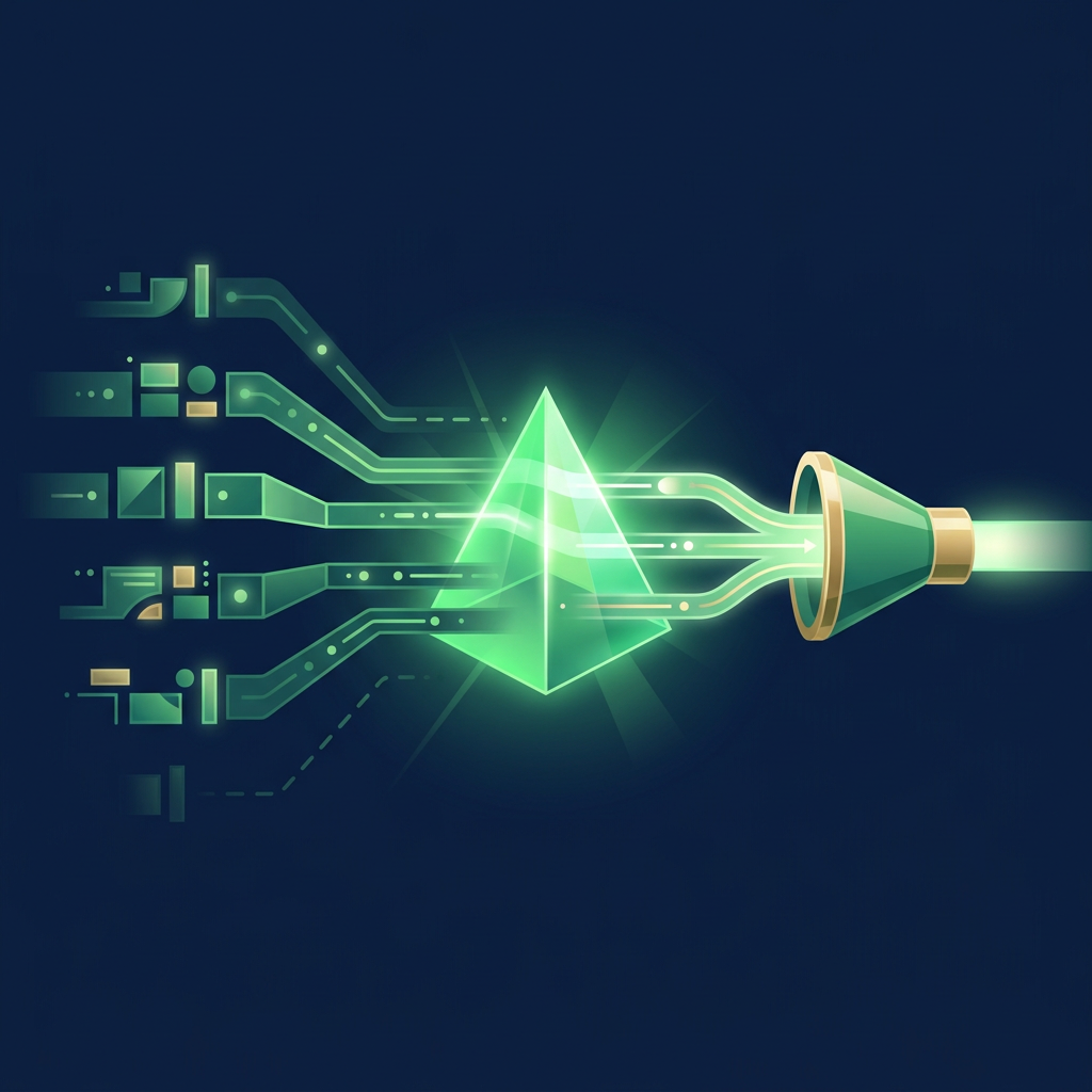Text-free editorial vector illustration on a deep navy background showing six distinct agency-shaped pathways passing through a luminous green evidence prism, with only source-backed paths continuing toward a clean sales pipeline funnel; elegant geometric forms, subtle glow, no logos, letters, numbers, rankings, labels or interface text.