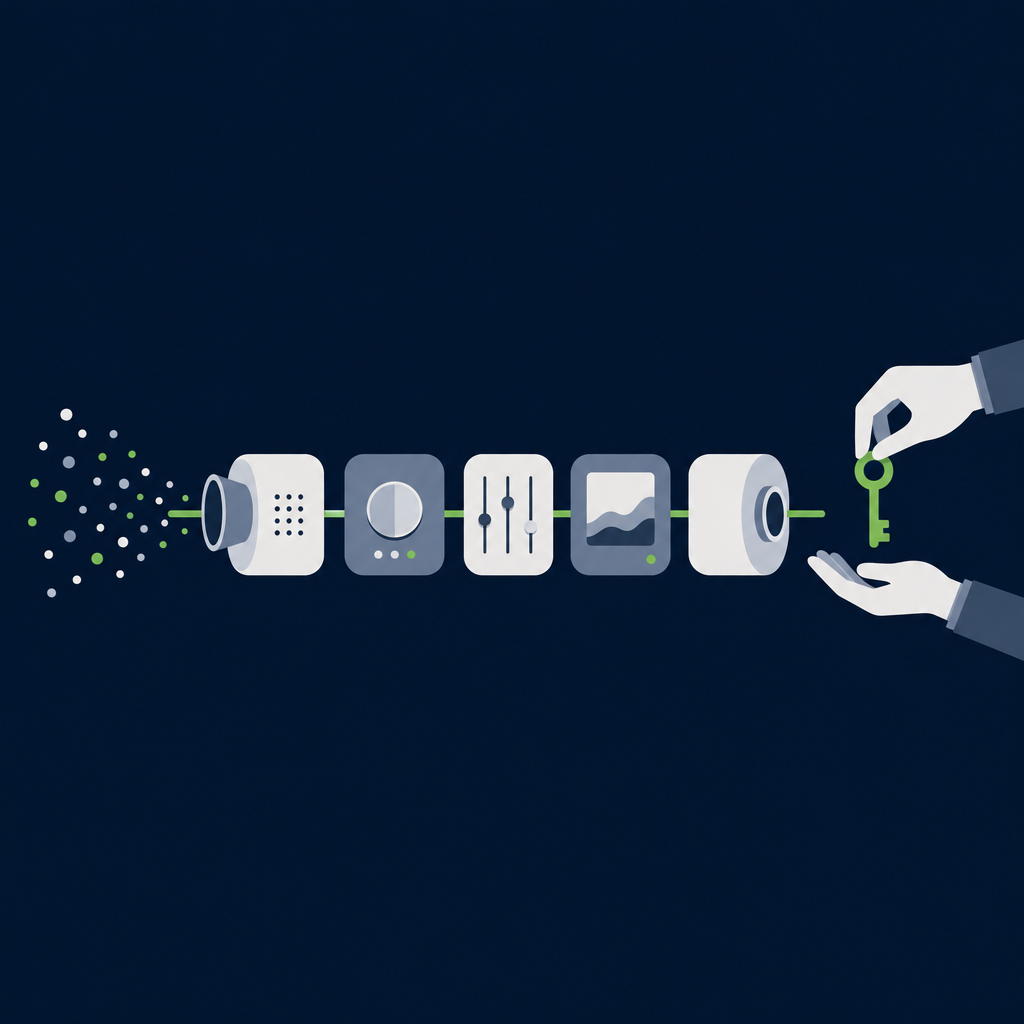 Scattered dots flow along a green rail through five machine modules, ending where one hand passes a key to another.