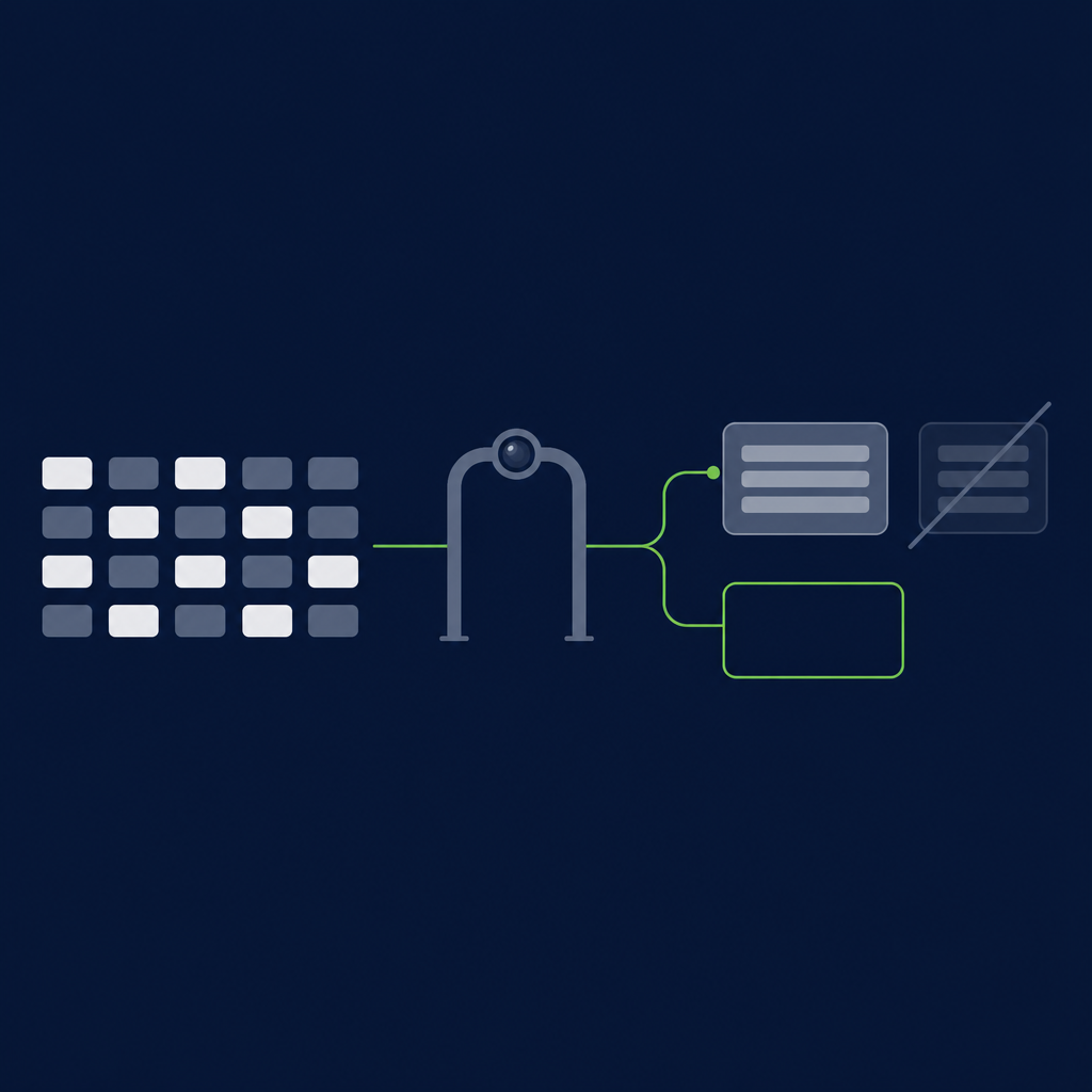 A grid of data tiles passes through a checkpoint gate, joining one existing record or starting a new one, with the duplicate struck out.