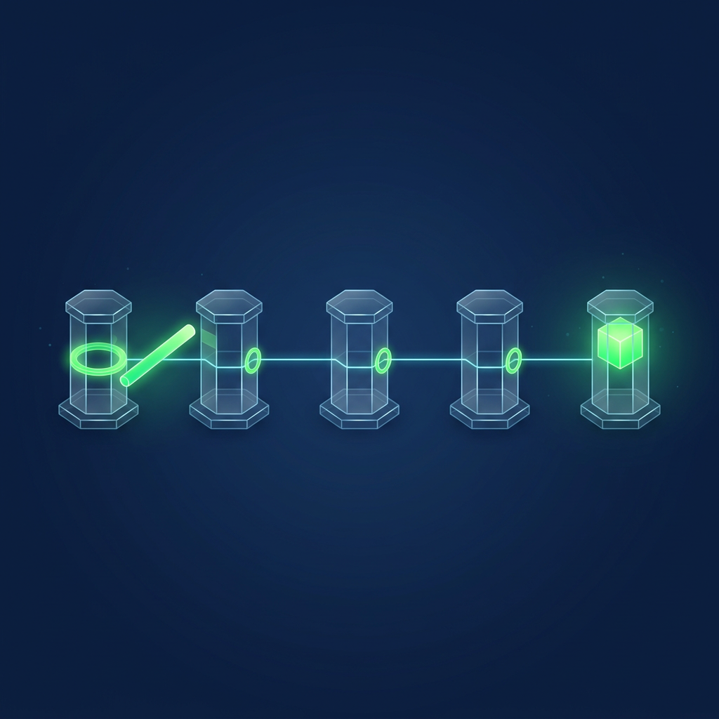 Five glass stations in a row joined by a thin line, a glowing green baton leaving the first station and a lit green cube in the last.