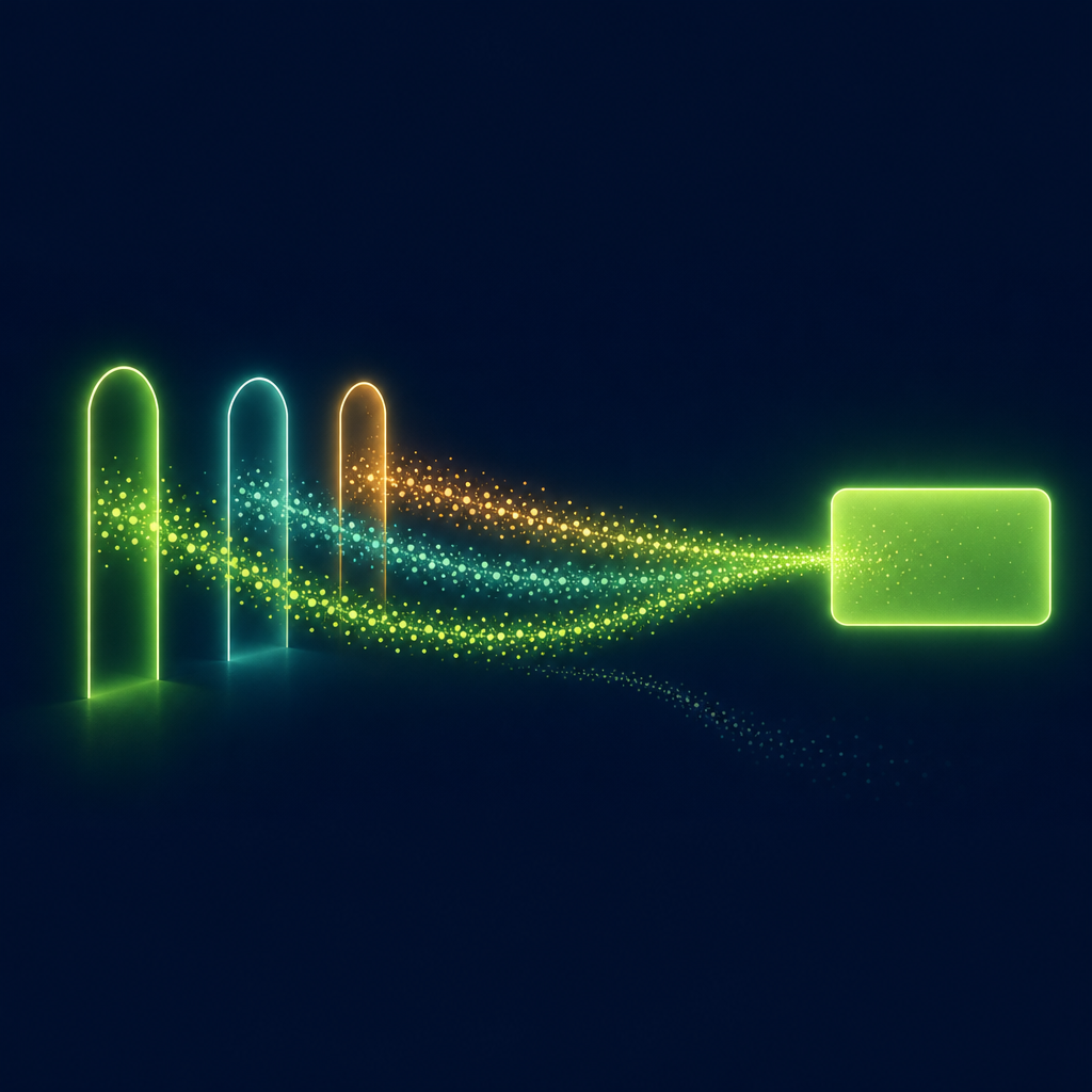 Three glowing doorways send streams of light into one shared record, while a stray duplicate stream fades out.