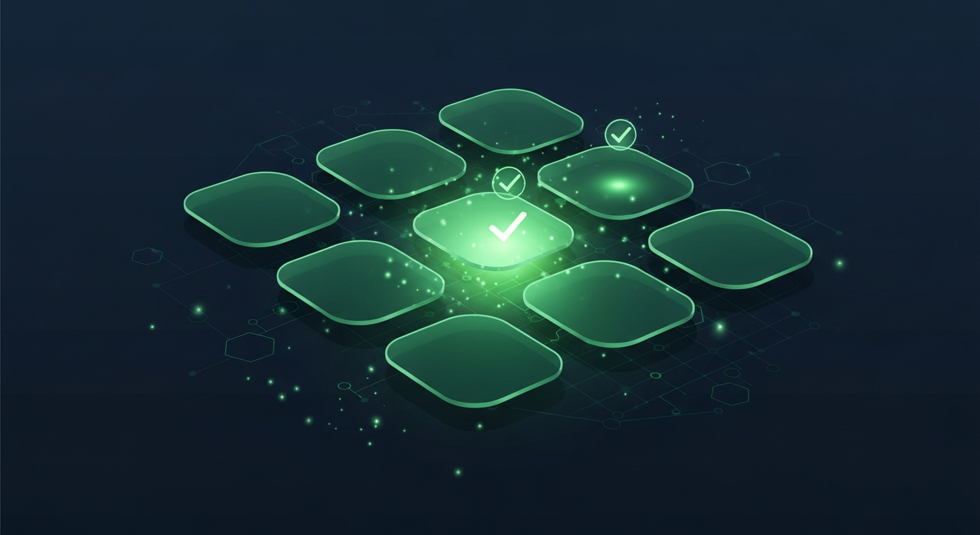 Editorial illustration of a grid of glowing green glass tiles on a deep navy background with three tiles highlighted by checkmarks, suggesting a hand-picked shortlist of the best intent data providers.