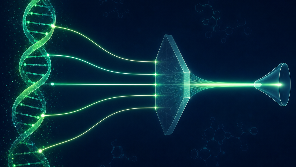 Text-free editorial vector illustration on a deep navy background: a luminous green DNA double helix whose strands unwind into several thin light-paths, gathered by a translucent geometric lens into one bright, orderly beam flowing toward a clean funnel shape; subtle glow, faint molecular hexagon outlines, no logos, letters, numbers, labels or interface text.