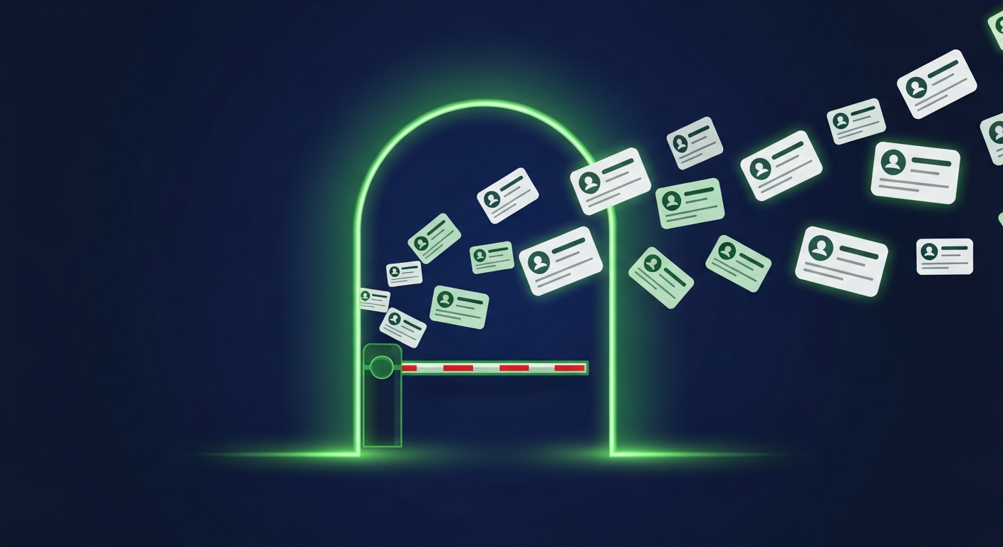 Editorial illustration of a glowing green open archway with a lifted toll-style barrier on a deep navy background, as a free-flowing stream of blank contact cards with avatar icons passes over the gate, suggesting prospecting data unlocked without payment.