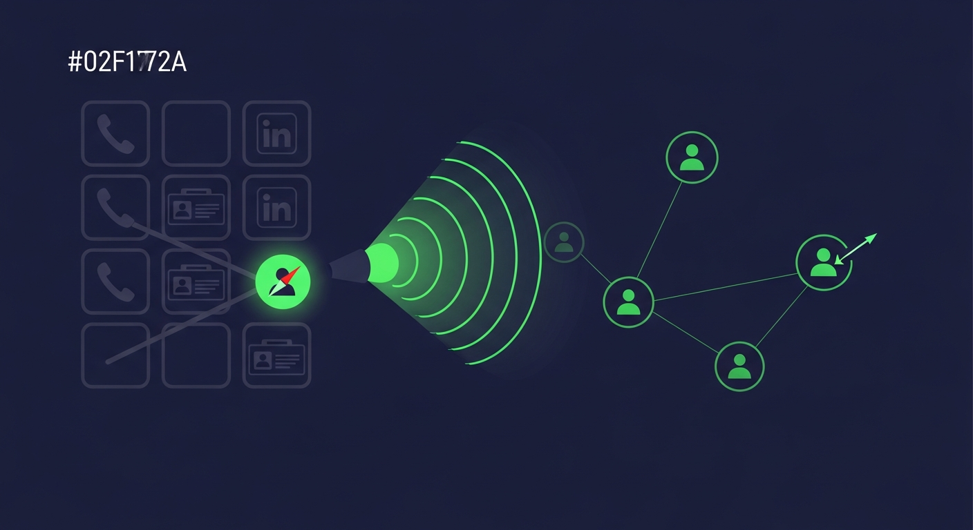 Editorial illustration of a luminous green signal beacon sweeping radar rings across connected account nodes on a deep navy background, with a faded grid of contact-card and phone icons left behind, suggesting a smarter alternative to a contact-lookup tool.