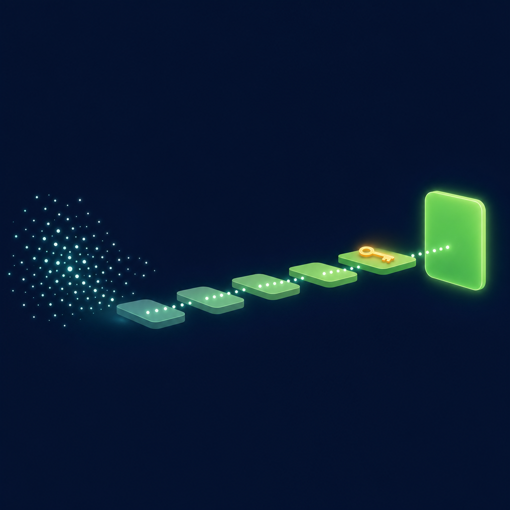 Scattered points of light cross five glowing platforms into one solid card, with a small key resting on the last step.