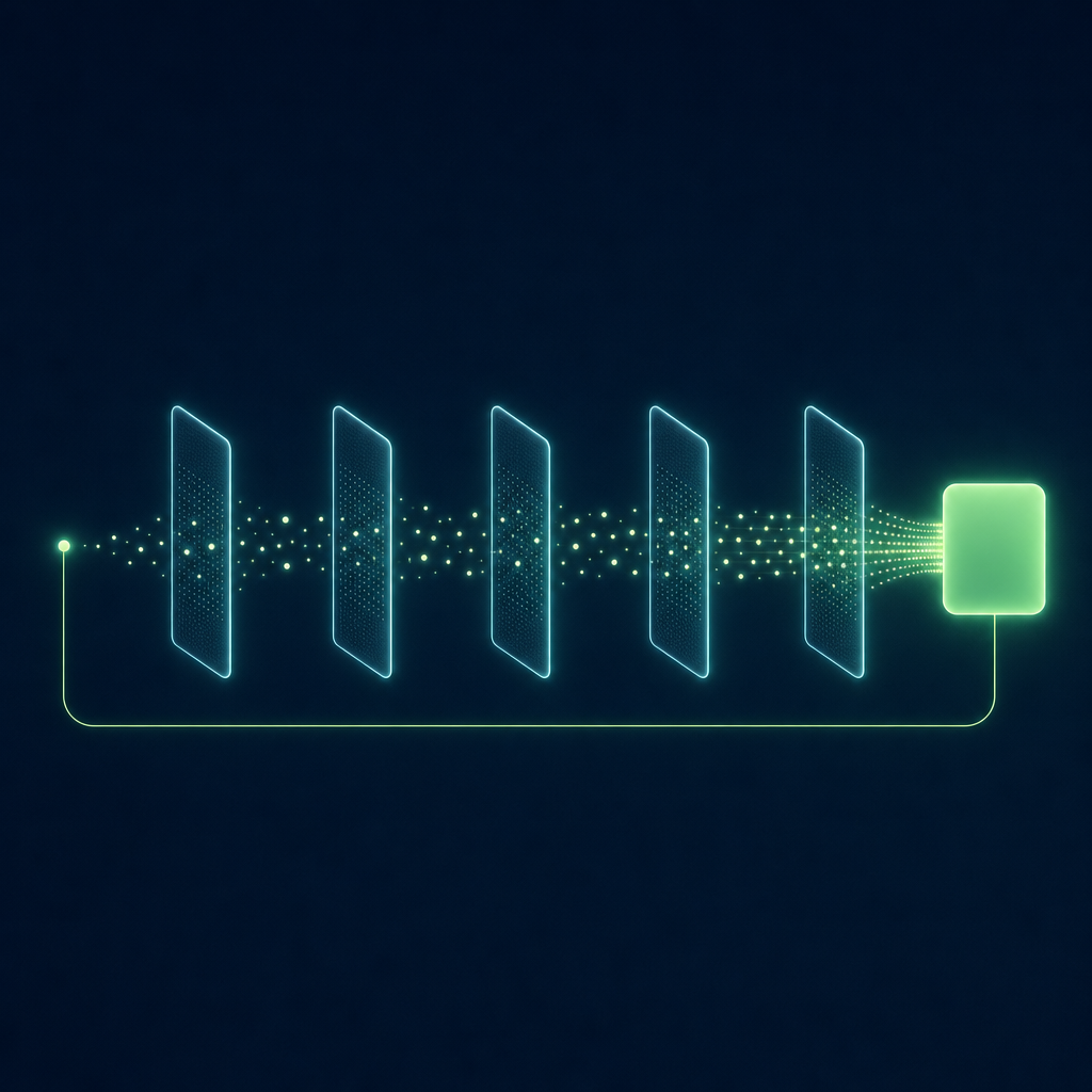 Glowing dots pass through a row of gates into one bright card, with a thin green thread running back to the first dot.